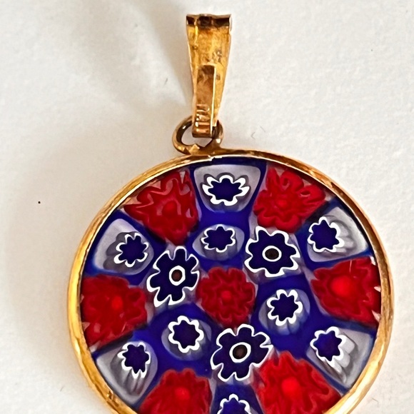 Murano Glass Millefiori Set Pendant & Earrings Pierced 24kt Gold Italy Red Blue - Picture 10 of 12